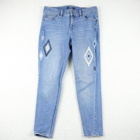 Chaps Jeans Womens 10P Petite Blue Southwestern Argyle Tapered Stretchy Denim - Picture 1 of 12